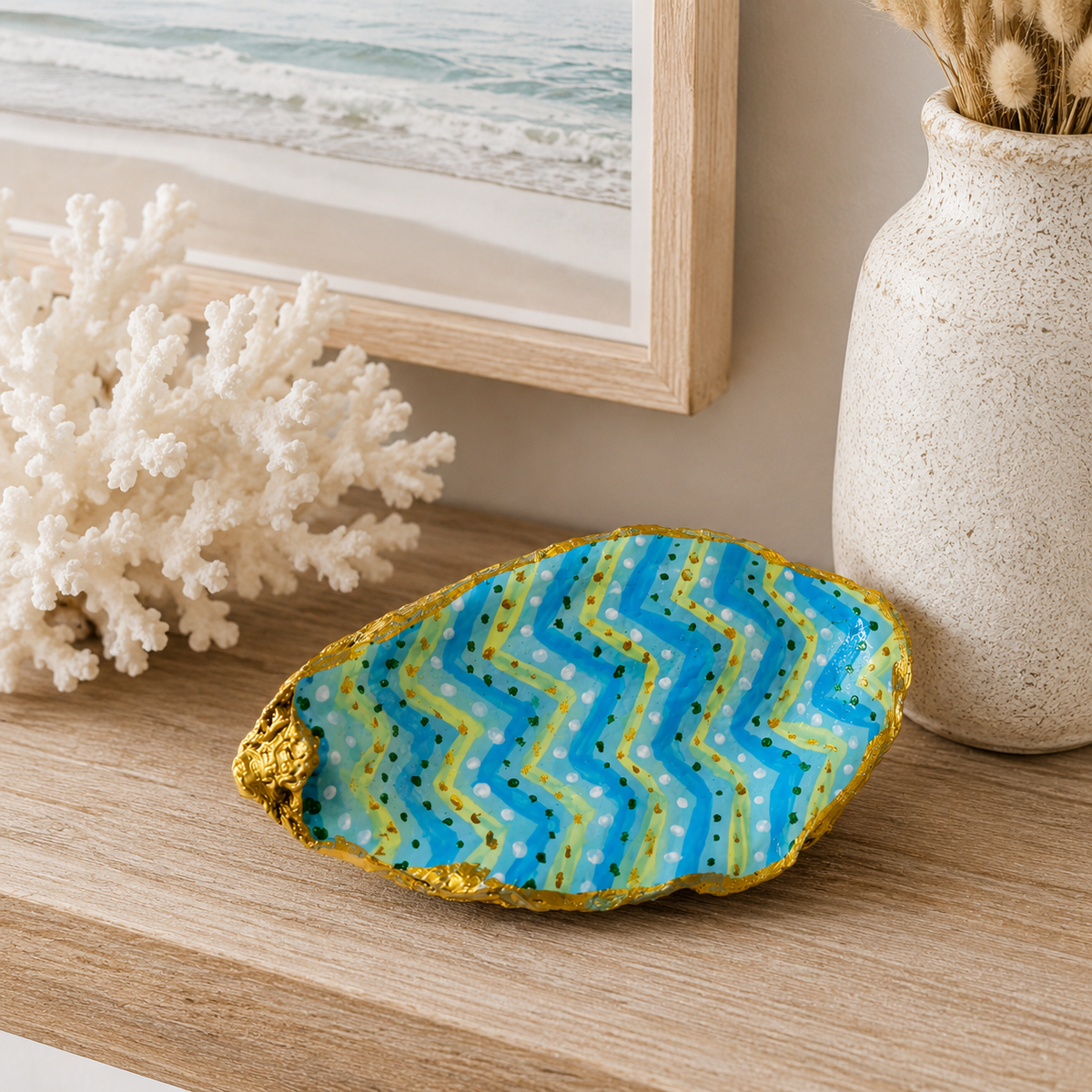 Set of 4 Retro Coastal Large Decorative Hand Painted Oyster Shells