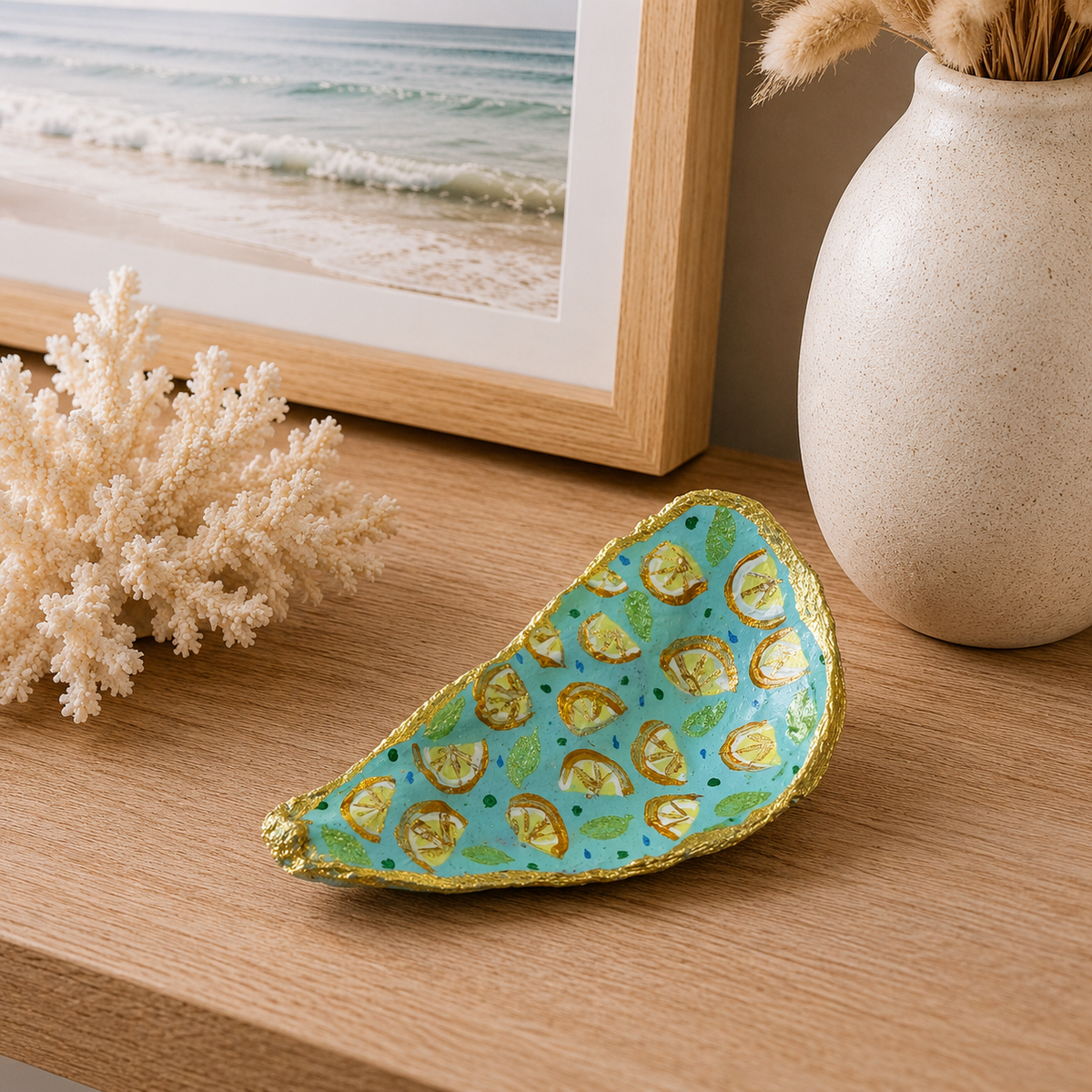 Set of 4 Retro Coastal Large Decorative Hand Painted Oyster Shells