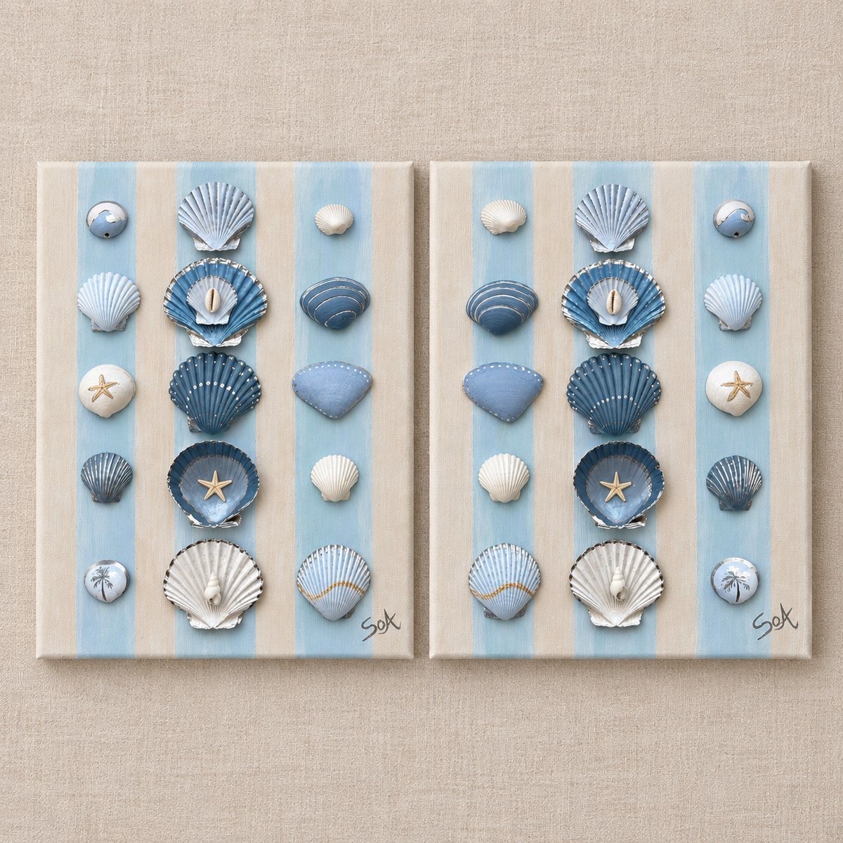 ‘Twin Tides’ Mirrored 12’ x 9’ Hand Painted Shell Canvas Set (Pair)