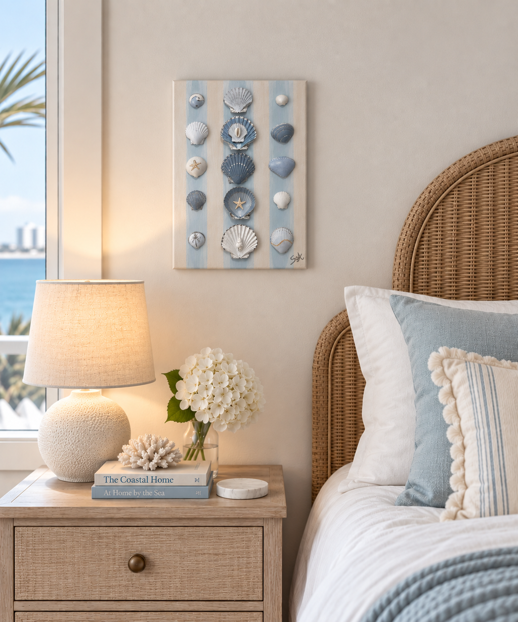 ‘Twin Tides’ Mirrored 12’ x 9’ Hand Painted Shell Canvas Set (Pair)