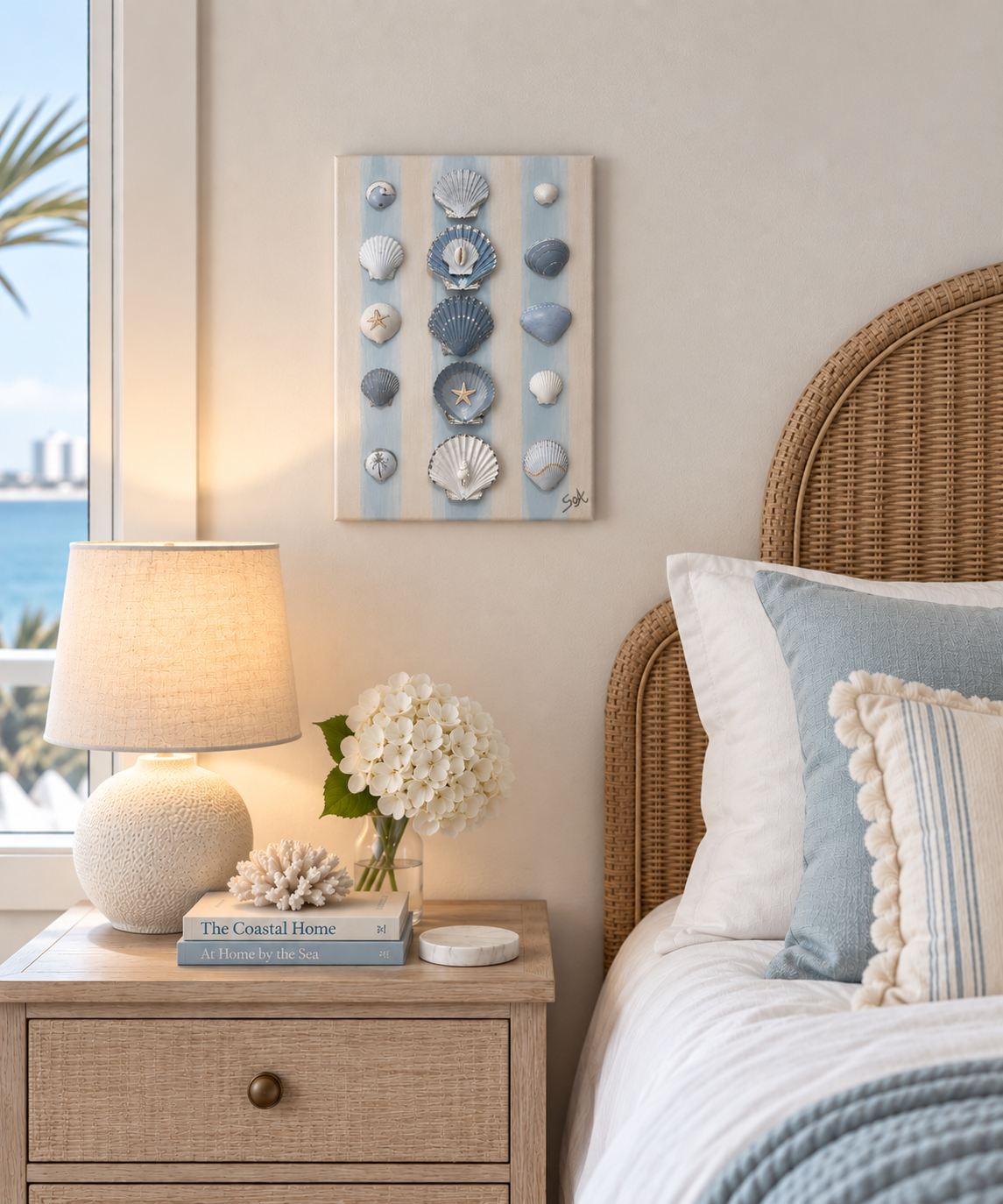 ‘Twin Tides’ Mirrored 12’ x 9’ Hand Painted Shell Canvas Set (Pair)
