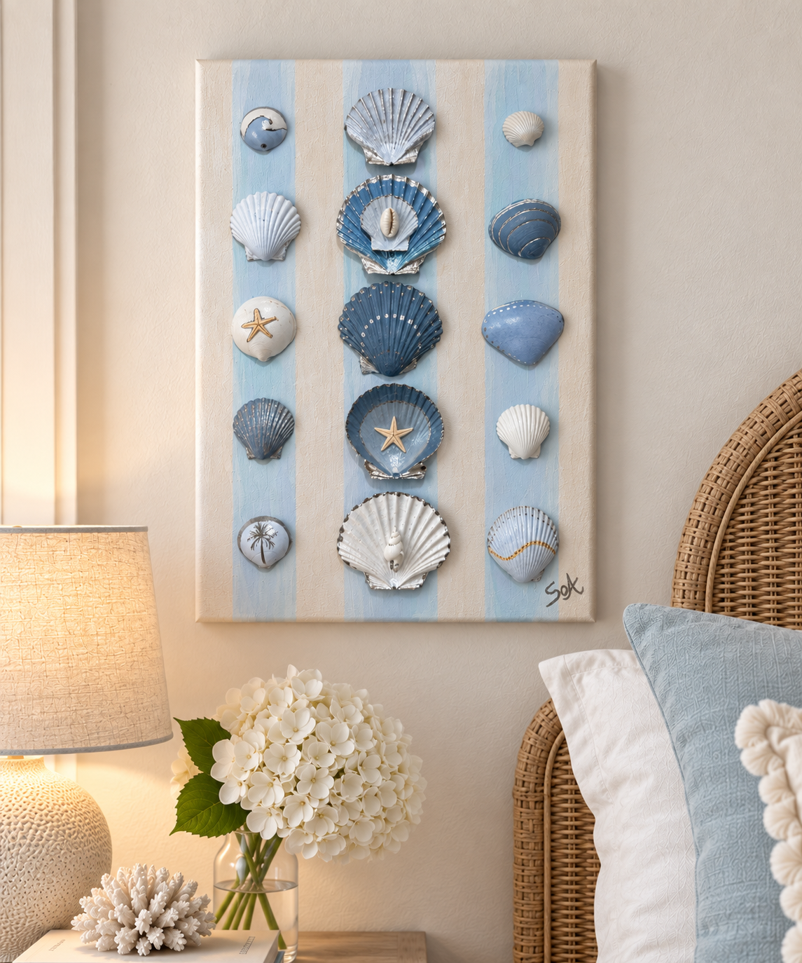 ‘Twin Tides’ Mirrored 12’ x 9’ Hand Painted Shell Canvas Set (Pair)